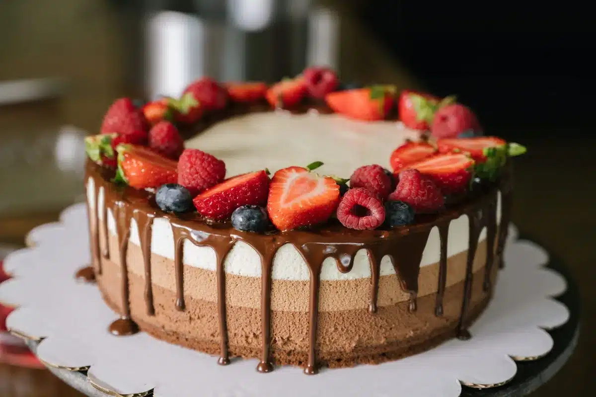 Montage d'une bûche : biscuit imbibé, bavaroise praliné et glaçage miroir