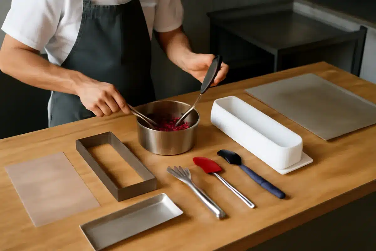 Matériel conseillé et organisation dans le temps — Moule insert (pour la compotée) et moule à bûche (ou cadre + semelle). Thermomètre de cuisson, casserole, fouet, spatule, maryse, cadre à pâtisserie ou plaque pour cuire le biscuit. Rhodoïd et feuille guitare