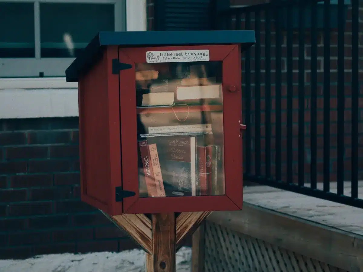 Une mini bibliothèque de quartier en bois remplie de livres sur le trottoir