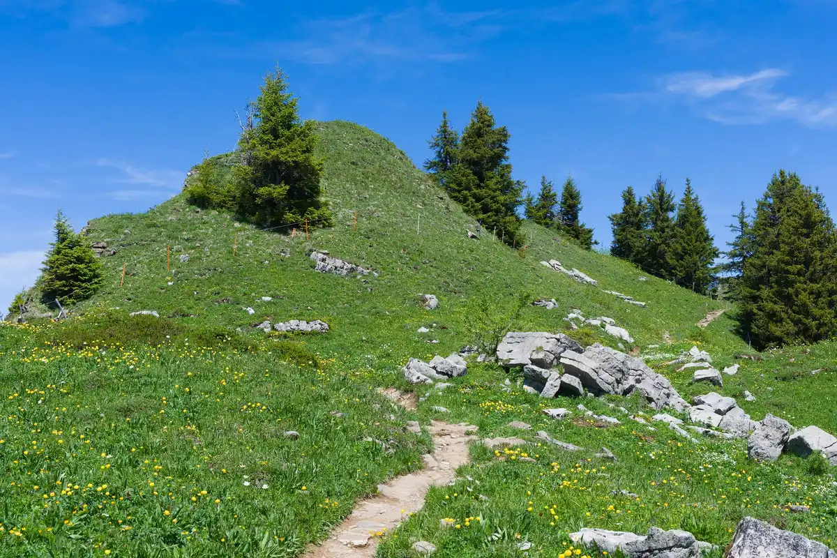 Sentier de randonnée montant vers une forteresse fortifiée dans un paysage montagneux