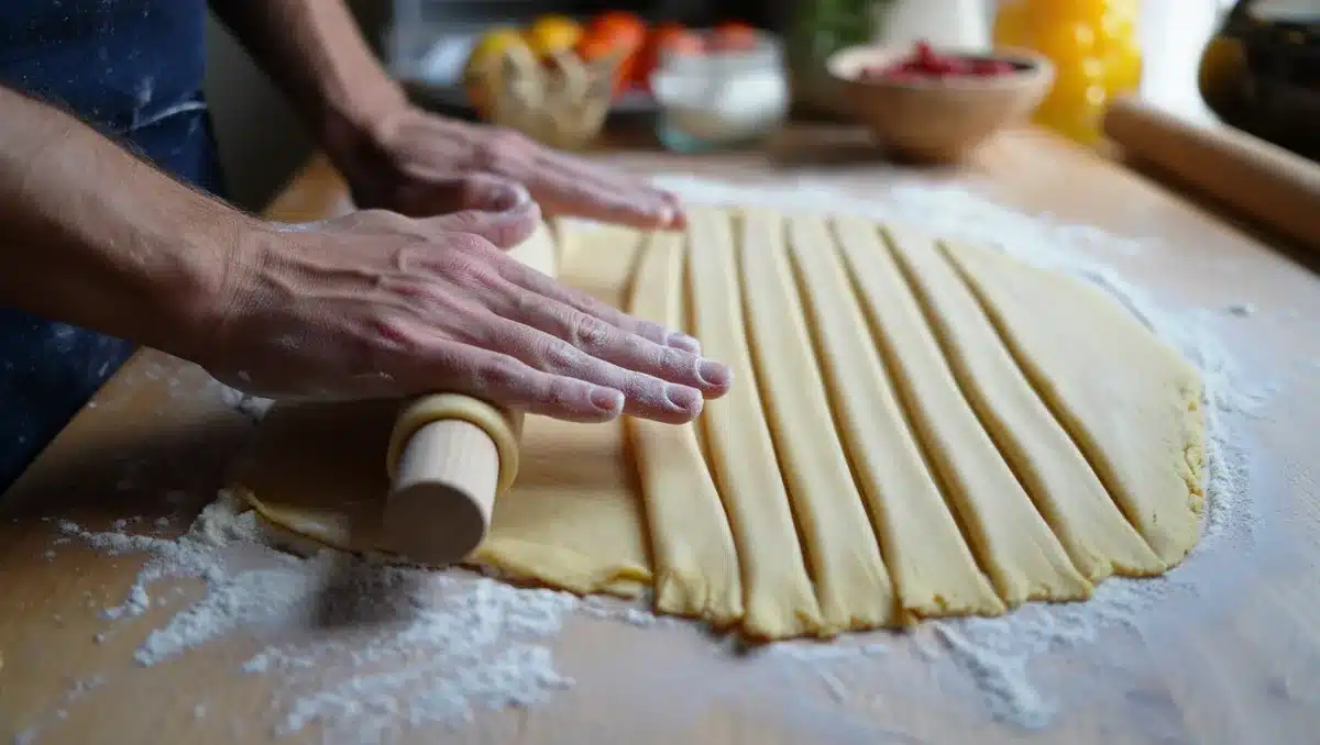 Montage, pousse et cuisson de la galette — Travaillez sur un plan fariné et gardez une partie de la pâte au frais pour une seconde galette ou pour des décorations. Découpez 9 bandes de pâte d’1 cm de large pour réaliser