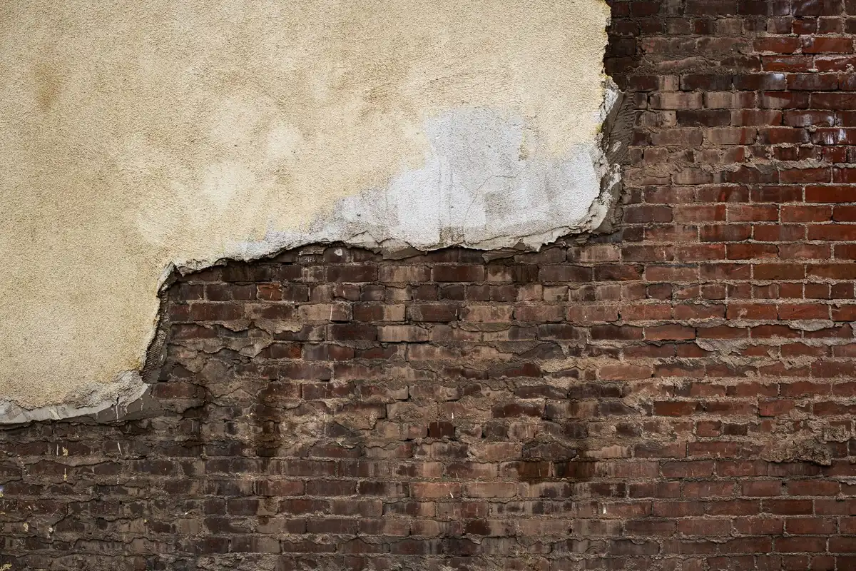 Ouvrier appliquant de l'enduit de protection sur une façade endommagée avec des fissures visibles
