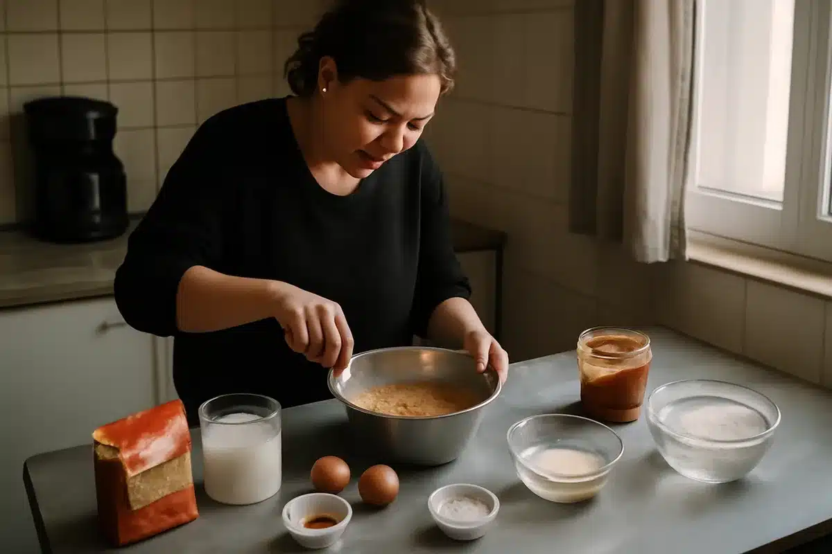 Ingrédients regroupés par préparation — Préparation Ingrédients principaux (quantités) Crémeux spéculoos (J-1) 200 g crème liquide, 40 g jaunes d'œuf, 30 g sucre, 3 g gélatine + 18 g eau, 60 g fourrage croustillant spéculoos Biscuit roulé (J-1) 3 jaunes, 115