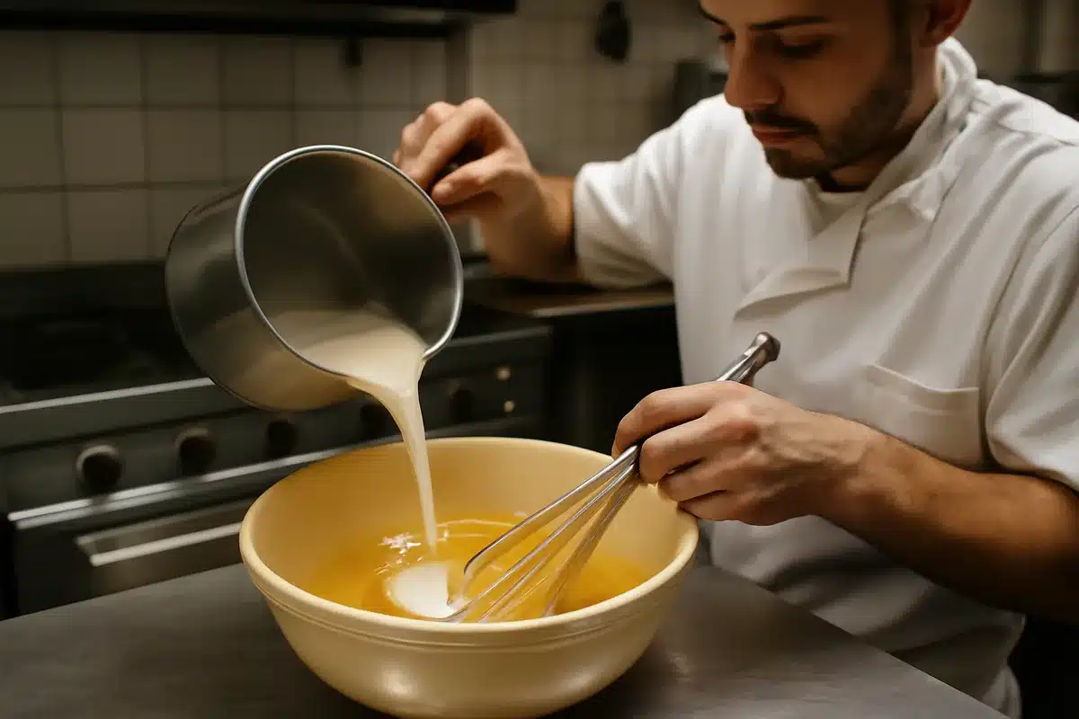 3) Préparer la bavaroise spéculoos (à faire la veille) — Chauffez 200 g de lait. Blanchissez 80 g de jaunes d'œuf avec 60 g de sucre. Versez la moitié du lait chaud sur le mélange œufs-sucre, puis reversez dans la casserole