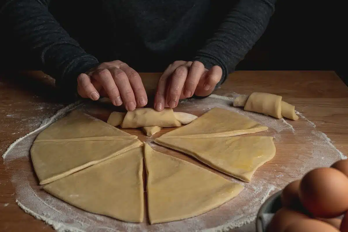 Croissants façonnés avec un côté plat, prêts à garnir et cuire