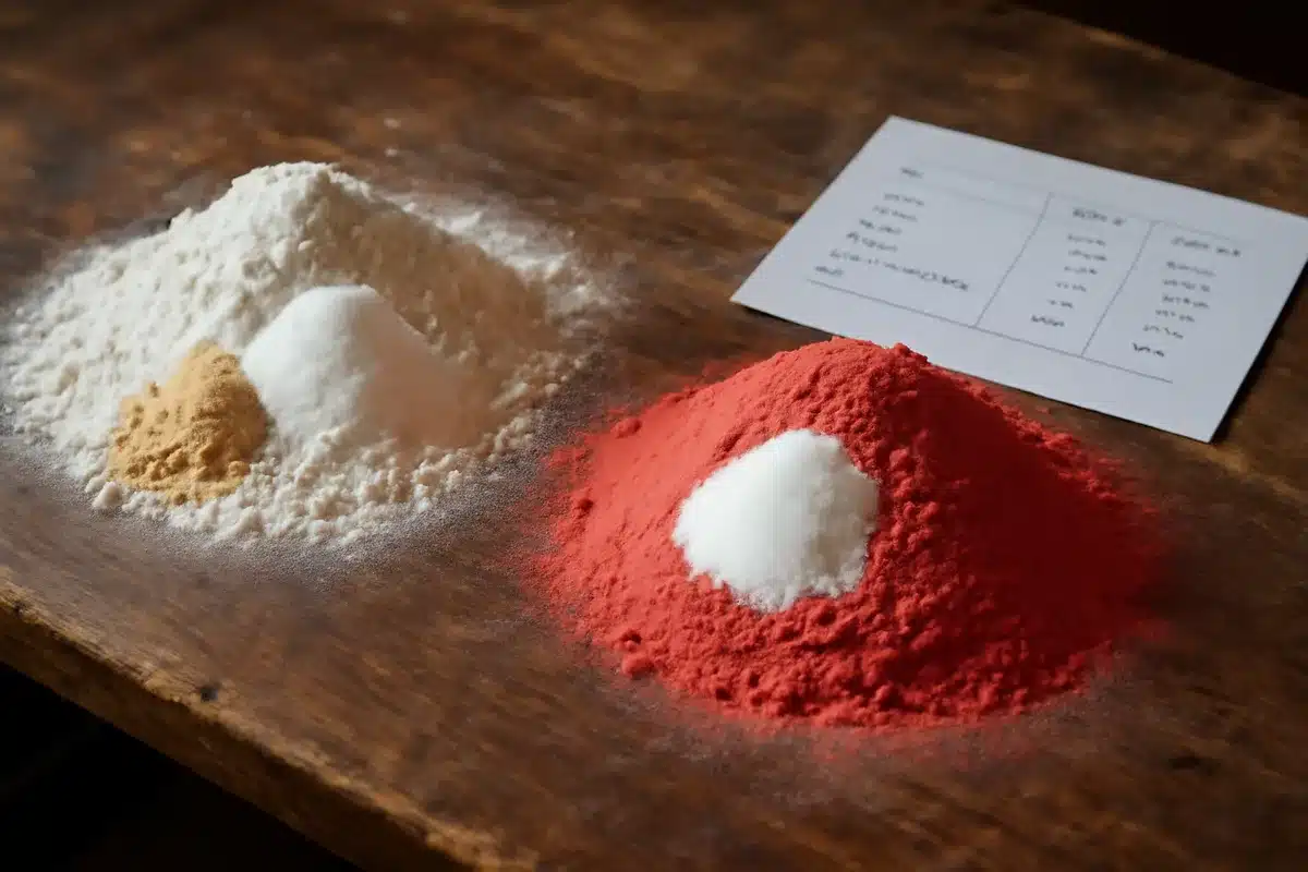 Ingrédients pour chaque pâte (quantités exactes) — Ingrédient Pâte blanche Pâte rouge (colorée) Farine 250 g 250 g Sel 5 g 5 g Sucre 30 g 30 g Levure de boulanger 5 g (ou 10 g fraîche) 5 g (ou 10