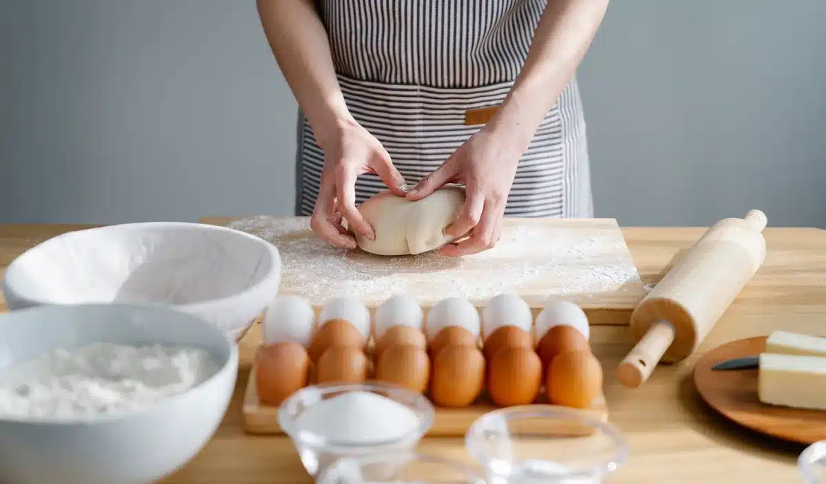 Mains pliant une pâte feuilletée avec du beurre sur un plan de travail enfariné