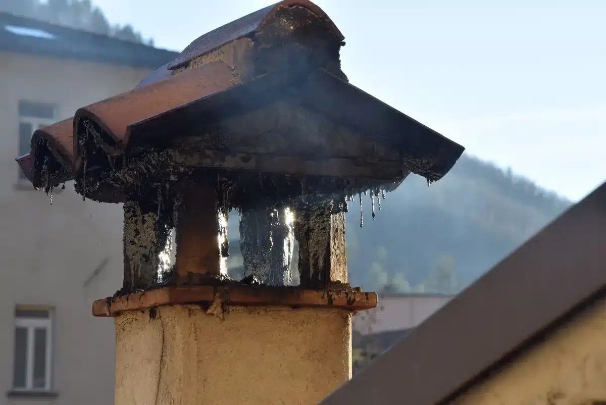 Accumulation de bistre et de dépôts noirs à l'intérieur d'un conduit de cheminée encrassé