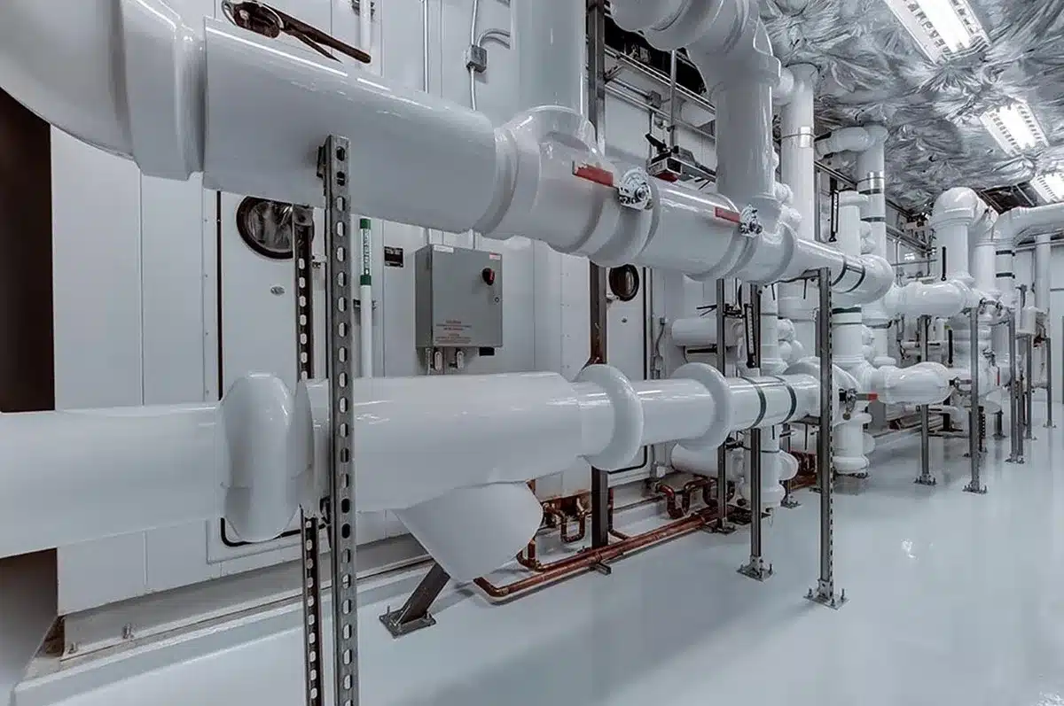 Mesures de distance et hauteur de relevage prises sur des tuyaux par un installateur