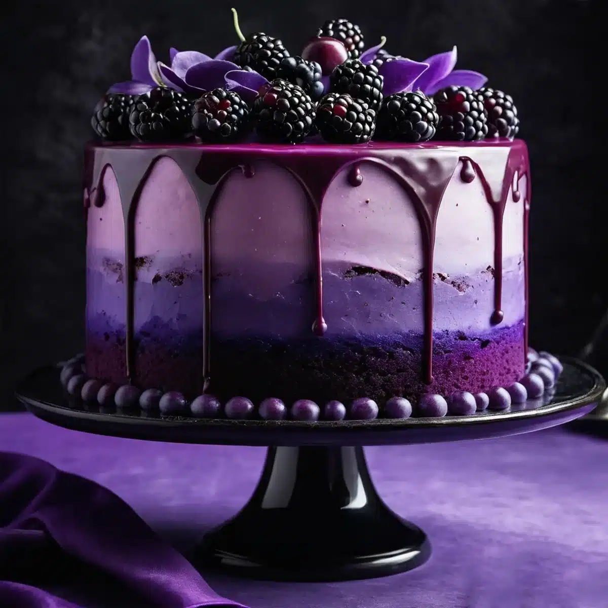 Gâteau multicouches avec crème, mousse et fruits rouges décorés de fleurs comestibles