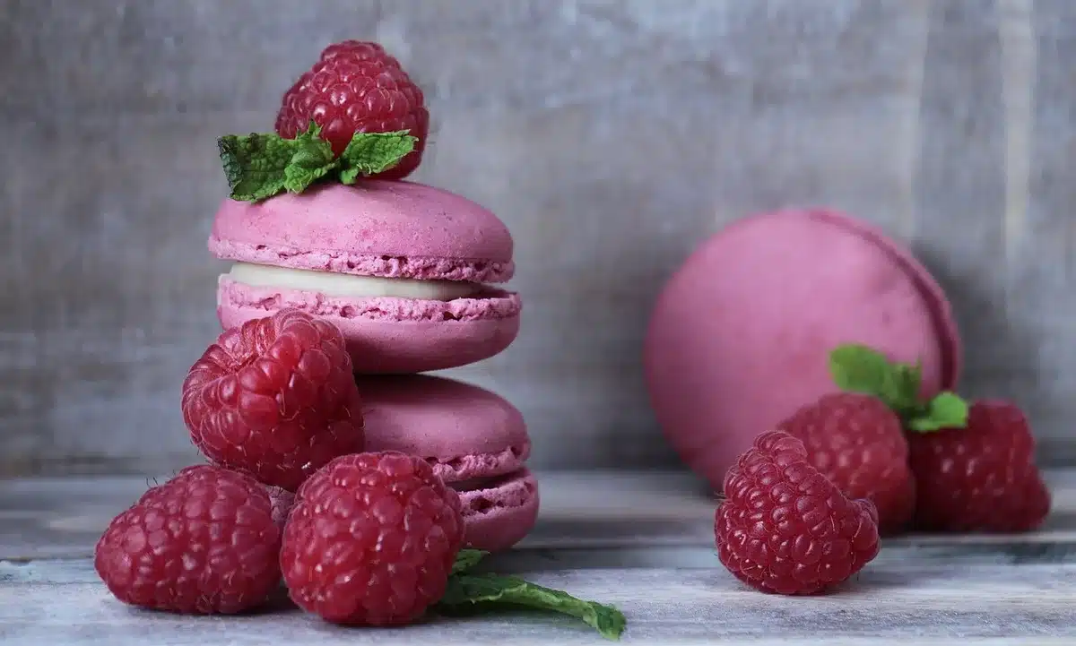 Assemblage d'un layer cake aux fruits sur un plan de travail en lumière du jour